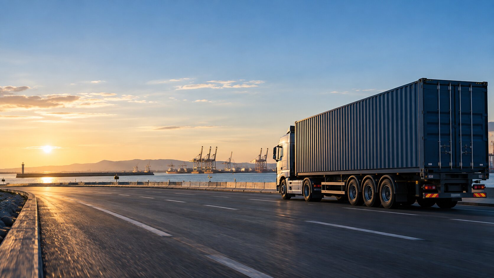 Container truck leaving a seaport